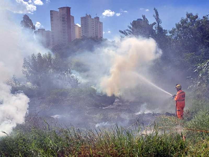 Incêndio em mata no Jardim das Paineiras deu trabalho aos bombeiros e deixou o céu da cidade tomado pela fumaça