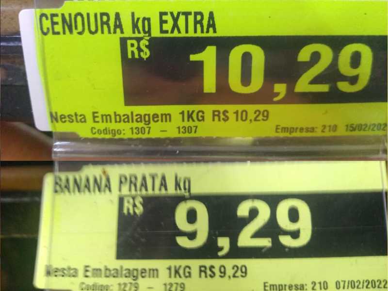 Cenoura custava no início do ano R$ 3,00, está custando R$ 9,29, aumento de mais de 200%, a banana prata custava em média R$ 3,50, está custando R$ 10,29, aumento de 160%