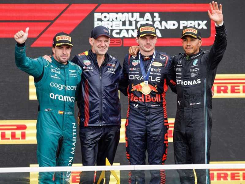 Alonso, Newey, Verstappen e Hamilton, pela ordem, no pódio mais vitorioso da história da F1 no GP do Canadá