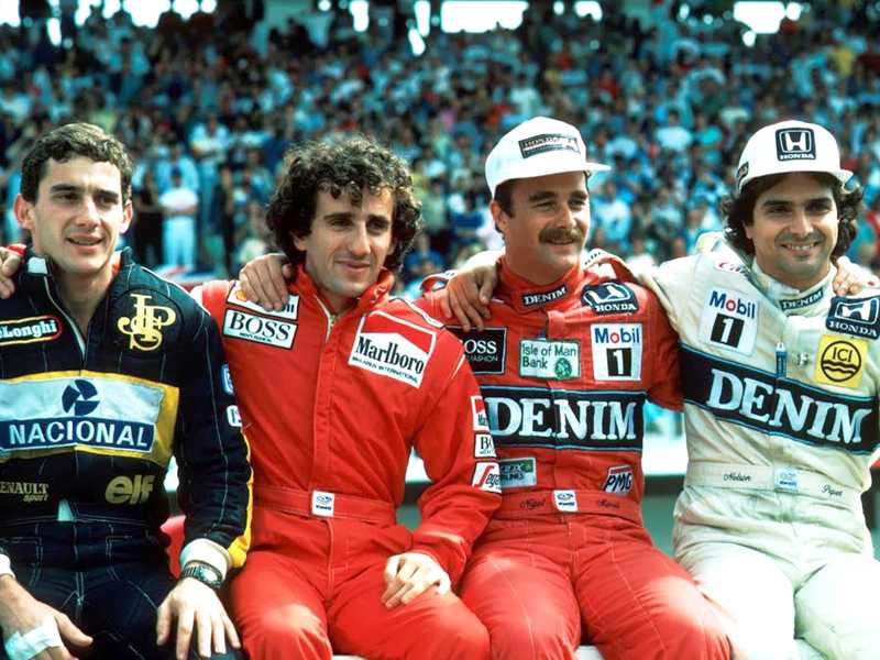 Clássica foto da F1 com quarteto fantástico: Senna, Prost, Mansell e Piquet 